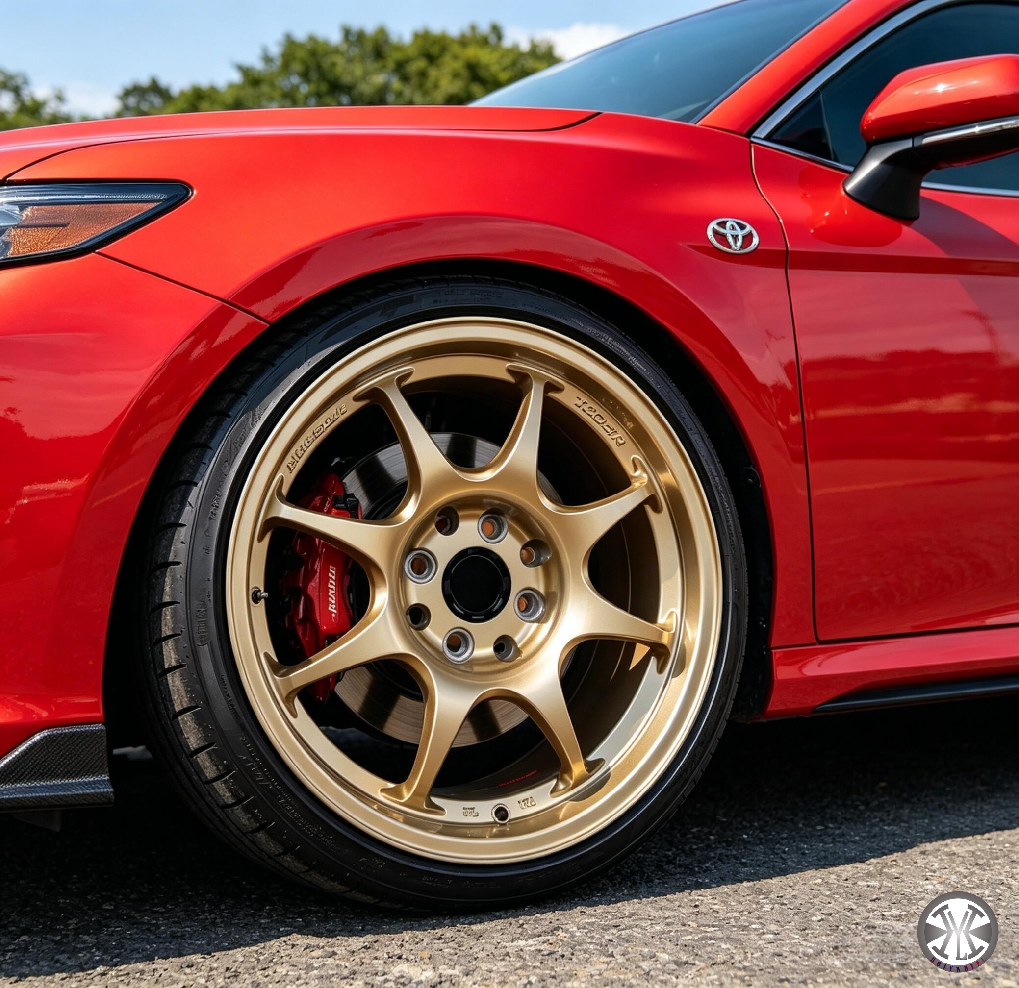 HL8318 TE37 Style Gold Alloy Wheel on Red Toyota Corolla