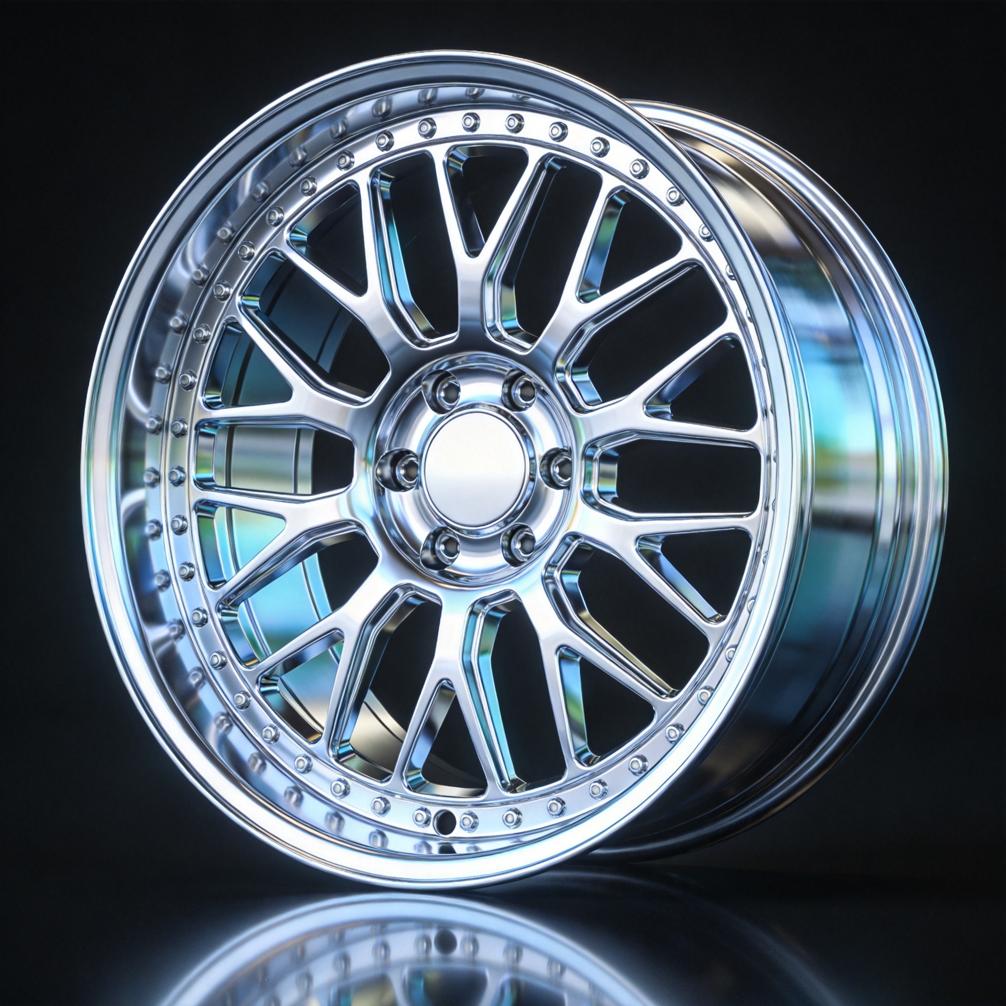 This is the premium game: chrome-polished two-piece forged, Y-spoke design with simulated rivets. The kind of wheel that makes a Maybach look even more expensive.